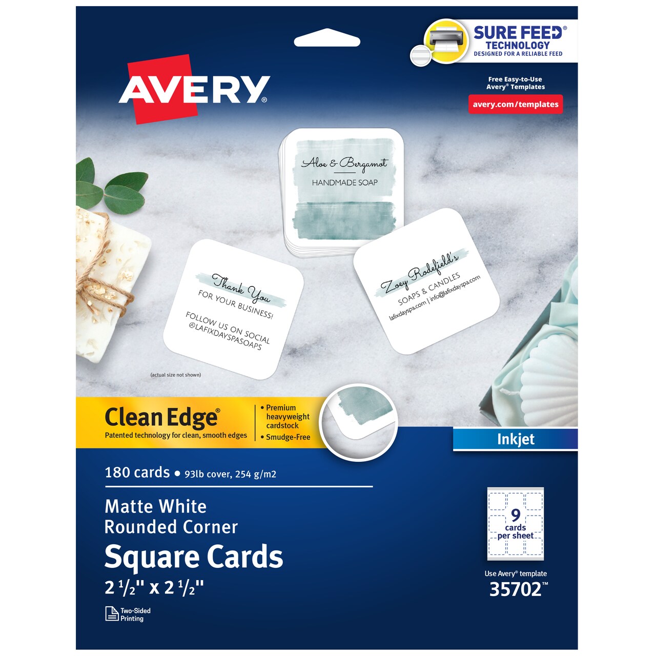 Avery Clean Edge Printable Square Cards with Sure Feed Technology, Rounded Corners, 2.5" x 2.5", Matte White, Inkjet Printer Compatible, 180 Blank Cards Total (35702)